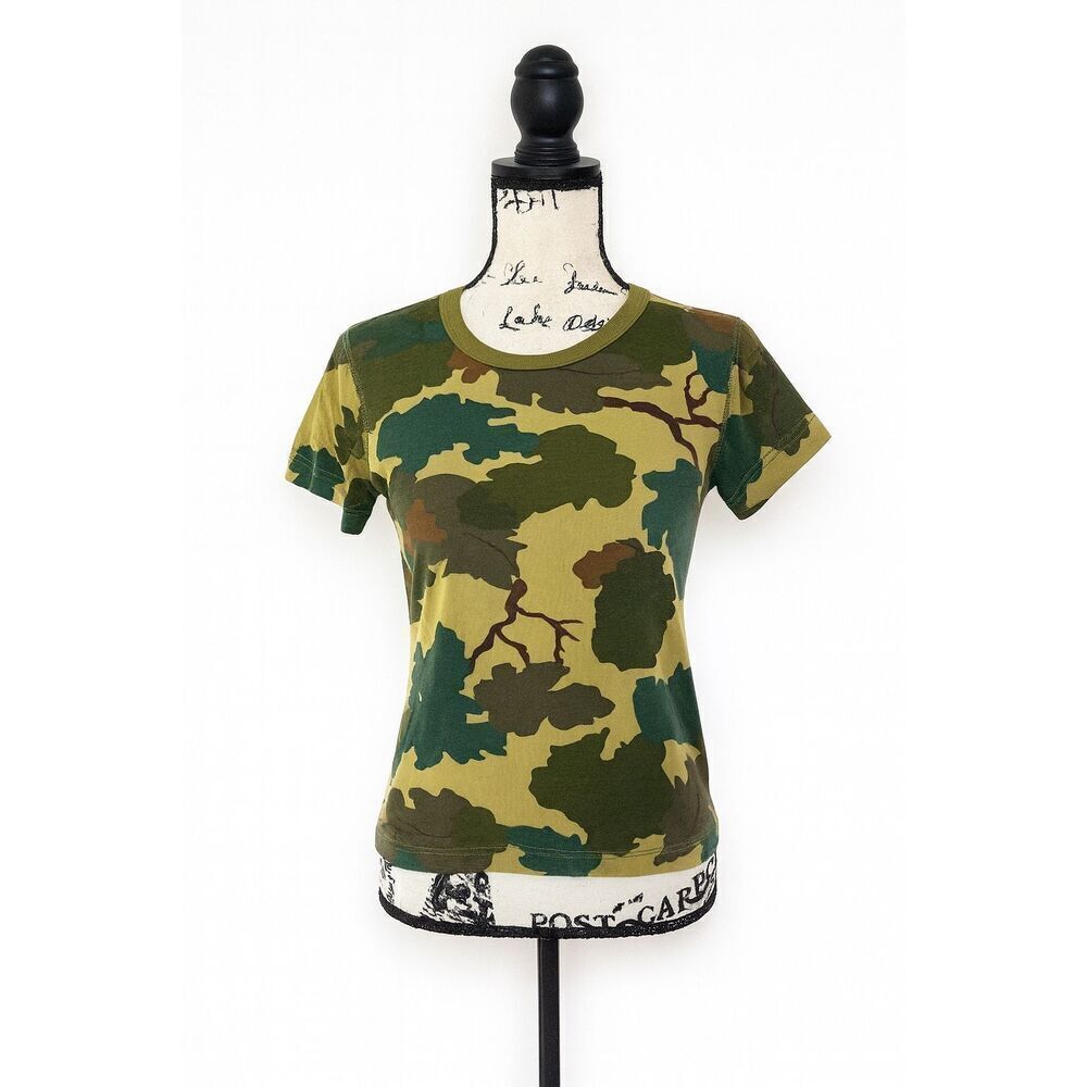 Three Dots Green Leaf Print T-Shirt Women’s Small Short Sleeve 100% Cotton Camo